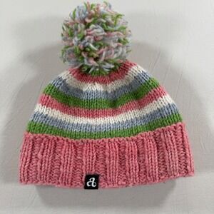 Ambler Mountain Works Kids Small Wool Beanie Pink Green Striped Pom Pom Fleece
